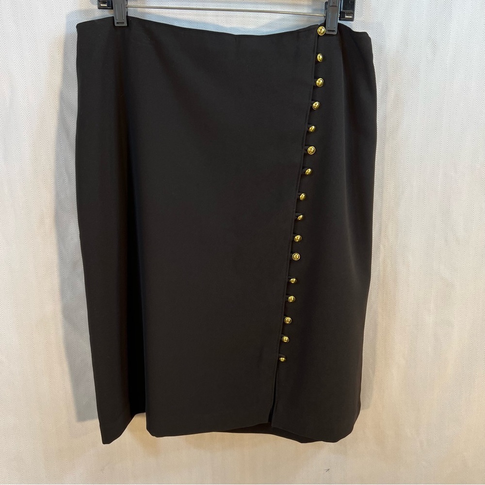 Talbots Black Pencil Knee Length Gold Side Buttons Hidden Side Zipper Skirt 14👍